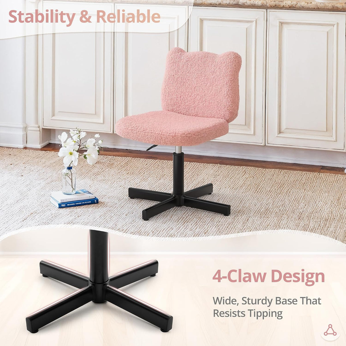 LUE BONA Cute Bear Ear Vanity Chair for Teen Girls - Height Adjustable 13.8"-18.9" Swivel Stool with Back Support, Teddy Velvet Makeup Ottoman, 300lbs, Pink