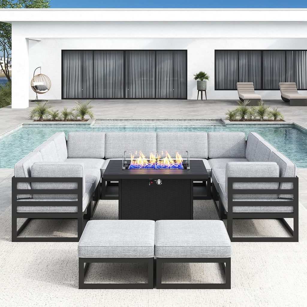 LayinSun Large Aluminum Patio Furniture Set with Fire Pit Table