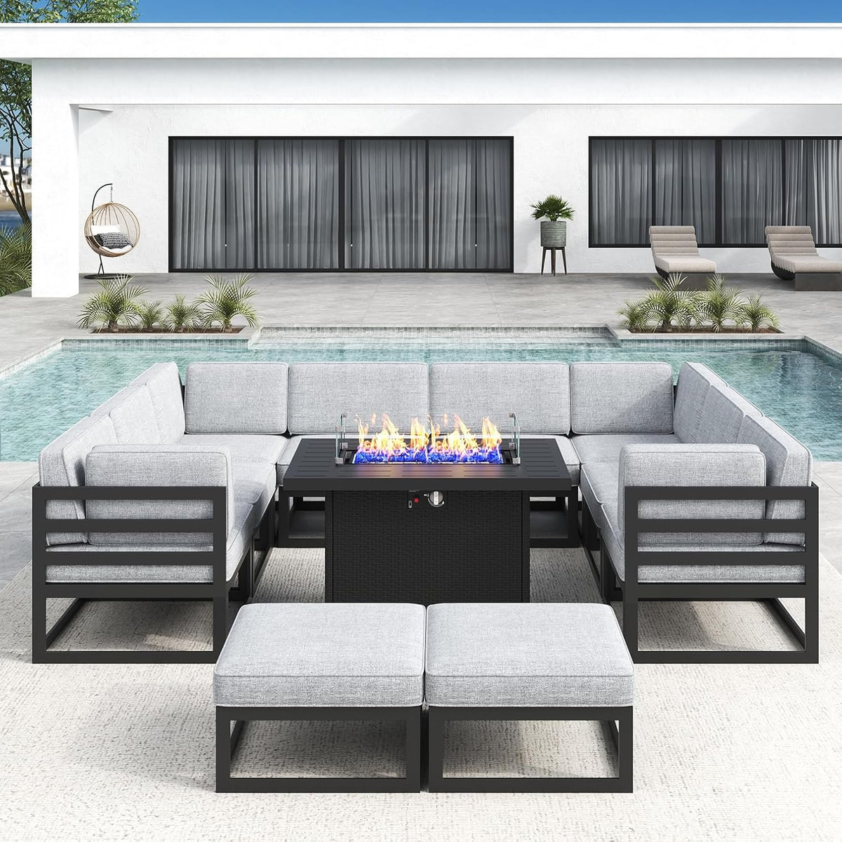 LayinSun Large Aluminum Patio Furniture Set with Fire Pit Table