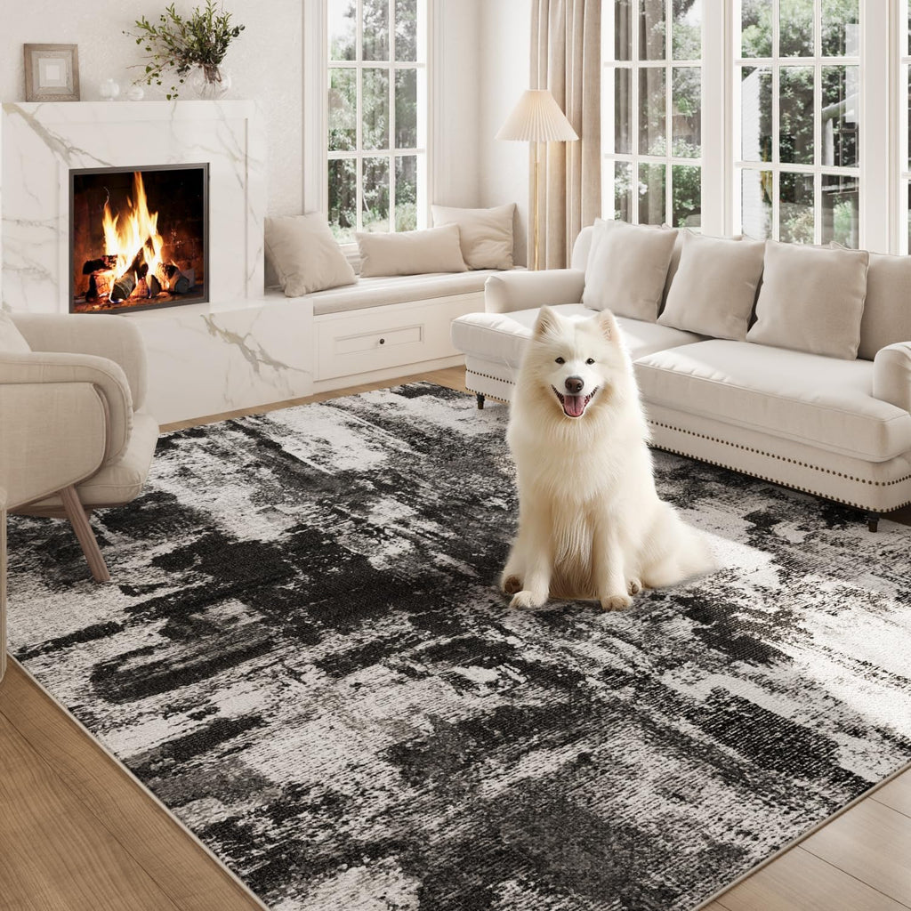 Area Rugs 8x10, Modern Abstract Machine Washable Rugs for Living Room Thin Carpet Indoor Floor Non-Shedding Carpets for Bedroom Dining Room Farmhouse Home Office | Black White