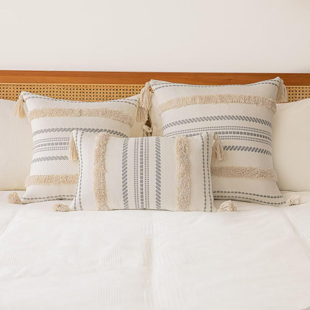 buiovbey boho throw pillow covers woven tufted pillow showing dimensions