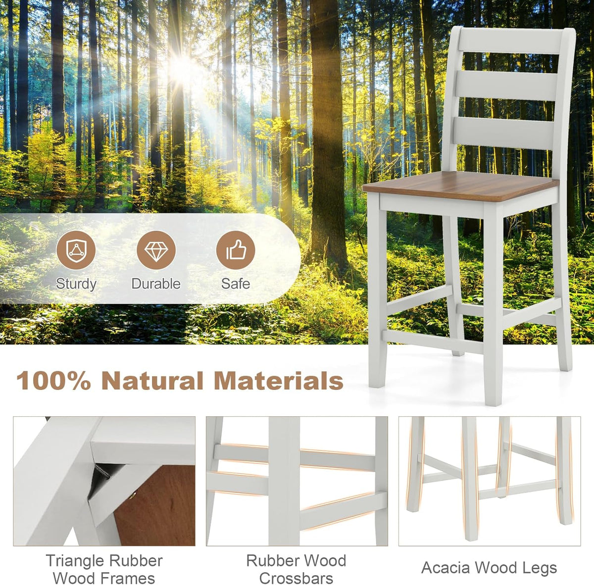 COSTWAY 24'' Wooden Counter Height Chairs Set of 2 with Ladder Back Support