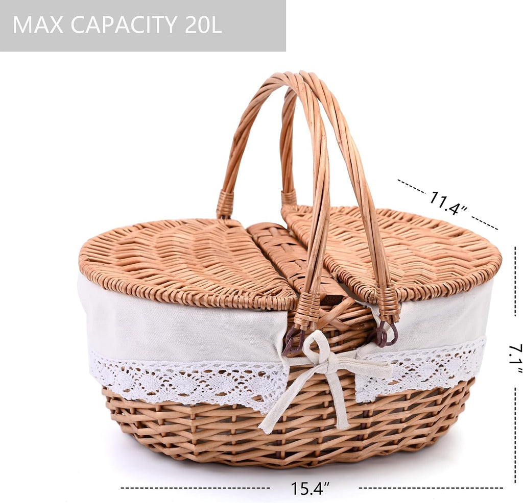 Wicker Picnic Basket with Removable Liner Empty Picnic Baskets with Lid, Picnic Hamper with Foldable Handles for Picnic 2, Natural Color, Large