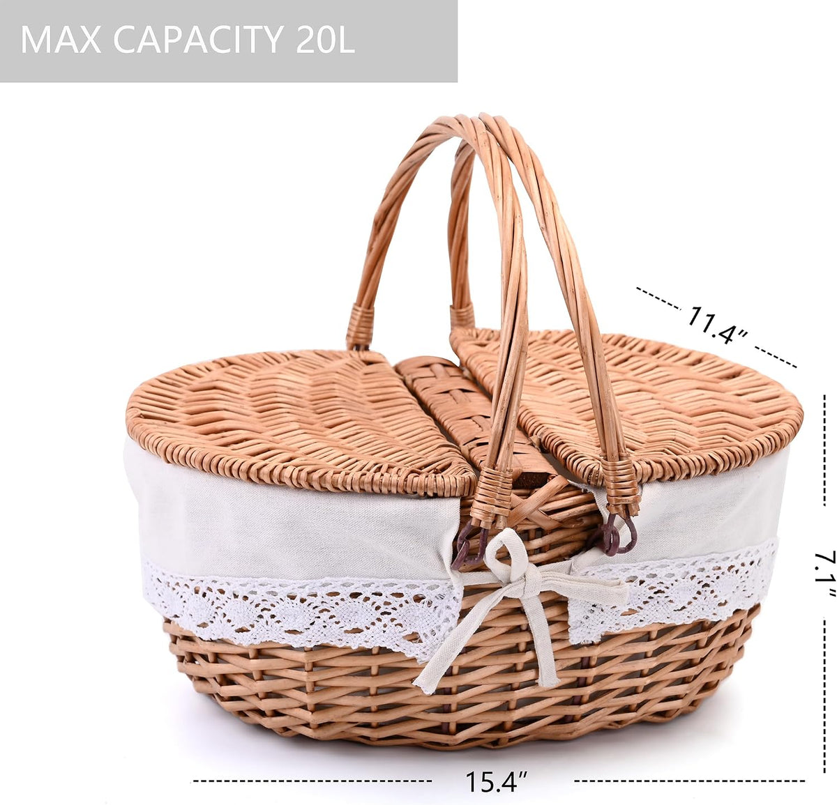 Wicker Picnic Basket with Removable Liner Empty Picnic Baskets with Lid, Picnic Hamper with Foldable Handles for Picnic 2, Natural Color, Large