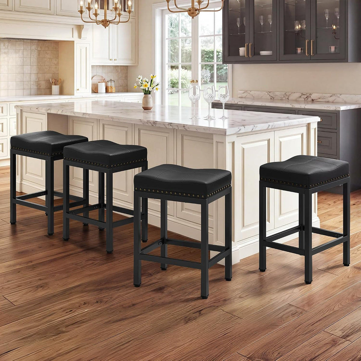 GRUSIGN 24 Inch Bar Stools Set of 4, Counter Height PU Leather Kitchen Chairs with Footrest & Metal Legs, Modern Backless Saddle Stools for Island, Dining, Space-Saving, Black