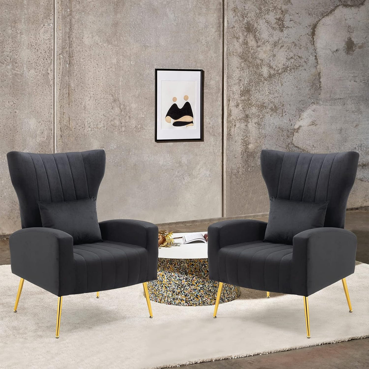 ZJhome Living Room Chairs Set of 2 Modern Velvet Accent Chairs with Lumbar Pillow, High Back Armchair Arm Chairs with Gold Metal Legs for Bedroom, Black