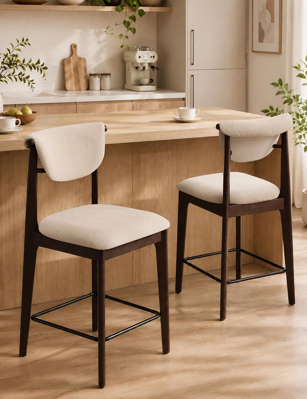 30" Counter Height Bar Stools Set of 2, Solid Wood Legs, Cream White