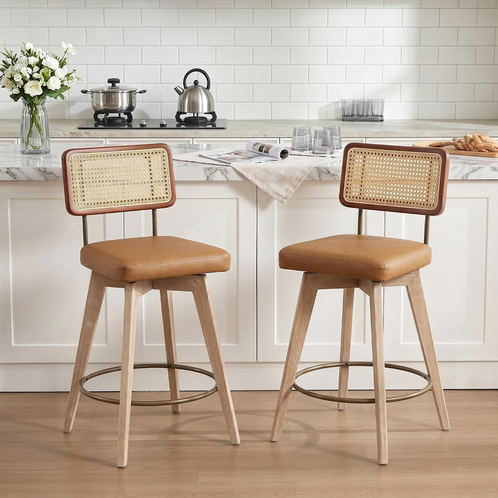 26" Swivel Boho Bar Stools Set of 2, Solid Wood, Rattan, Brown