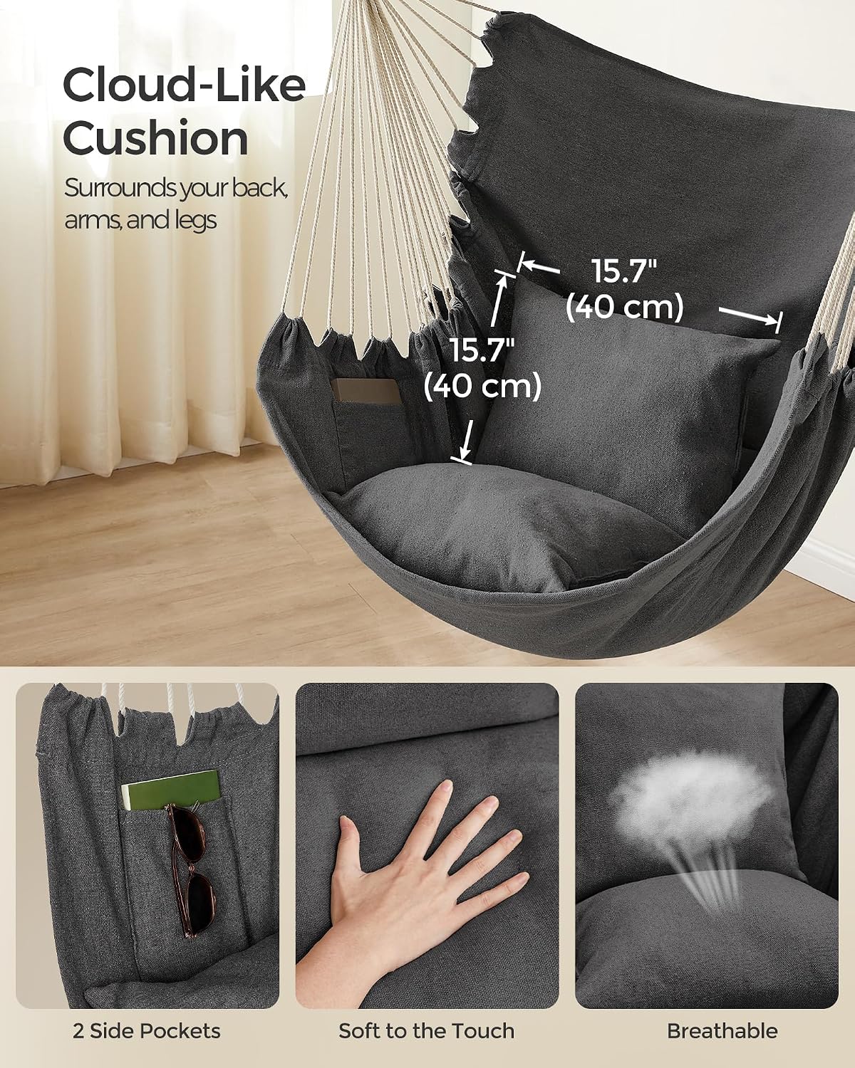 songmics hammock chair, load capacity 330.7 lb, with, close-up detail