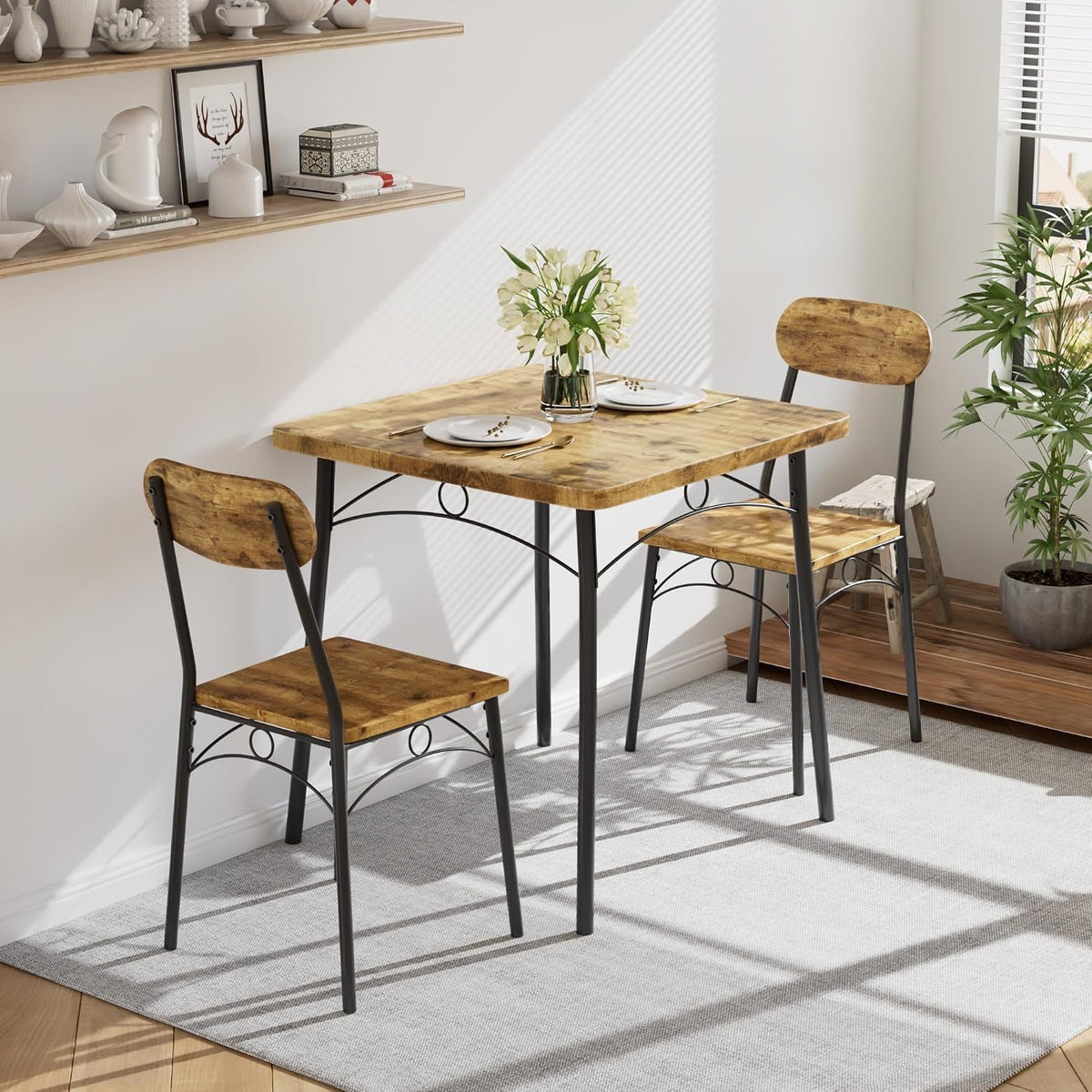 VECELO 3 Piece Small Dining Table Set for 2, Metal and Wood Square Kitchen Dinette for Breakfast Nook, Dining Room, Apartment, Saving Space, Rustic Brown