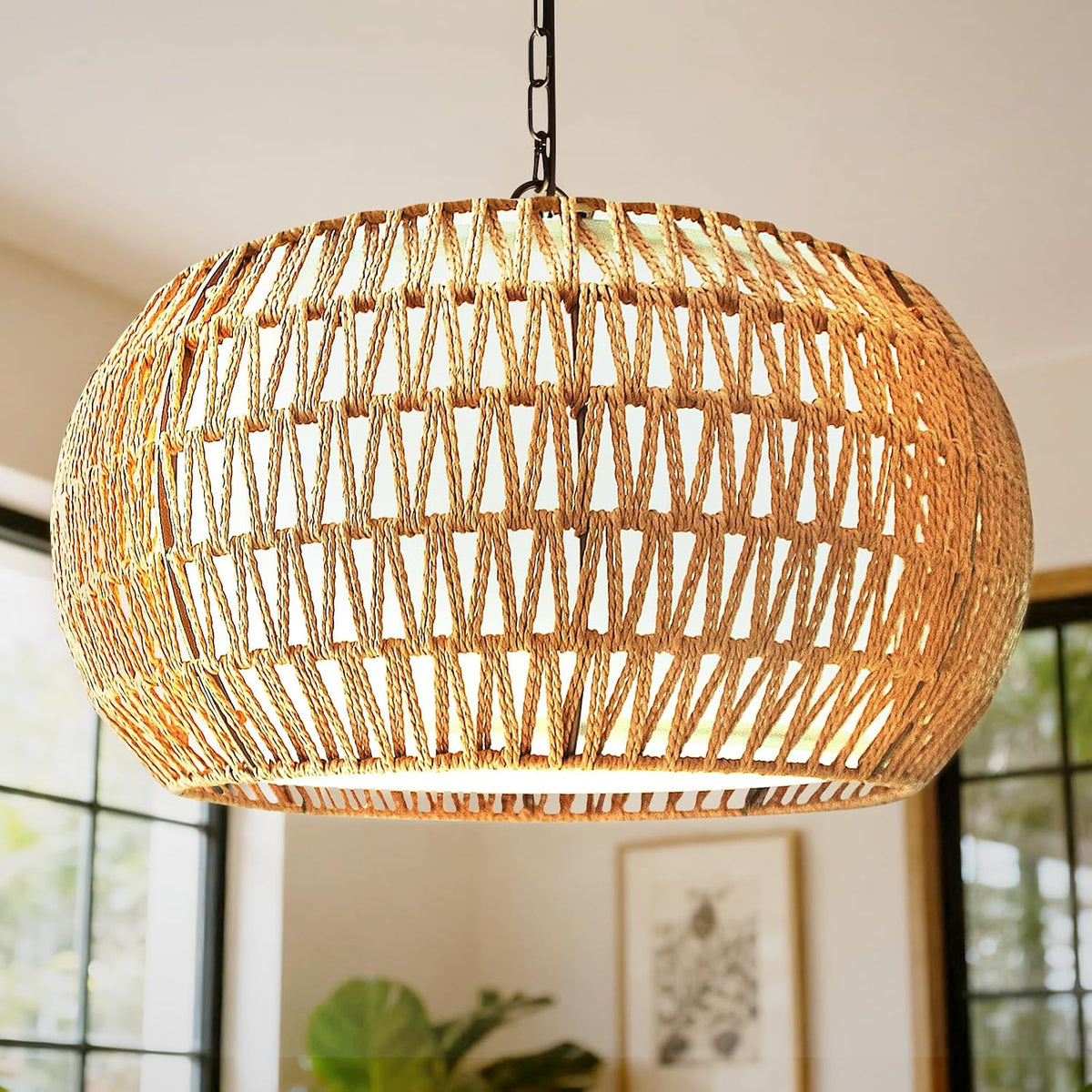 19" Boho Rattan Chandelier for Dining Room 5-Lights Farmhouse Chandelier