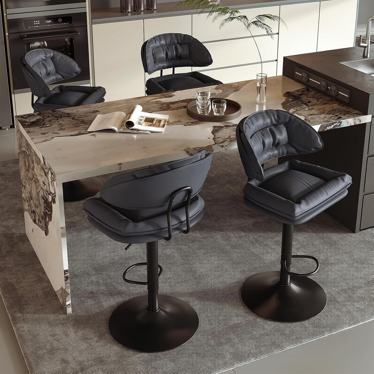 Nalupatio Modern Bar Stools Set of 2, Spacious Ergonomic Double-Layer Cushion Upholstered Swivel Bar Stools with Backrest, Adjustable for Kitchen Island,（Charcoal Black）