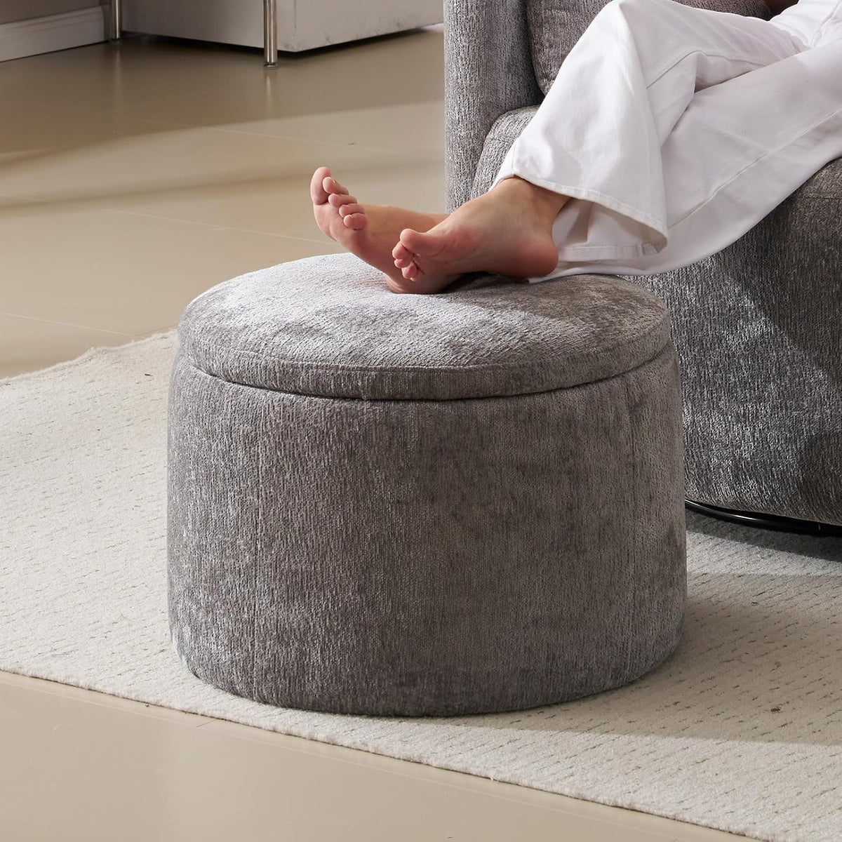 Modern Round Storage Ottoman with Reversible Tray Lid,Chenille Ottoman Foot Stools, Ottoman Footstool with Hidden Storage, Storage Ottoman for Living Room, Multi-Functional Footrest,Dark Grey