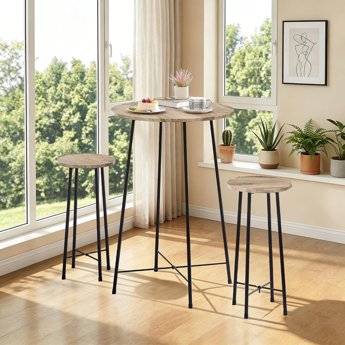 VECELO 3 Piece Pub Table and Chairs Sets Counter Height Bistro Bar Sets with 2 Barstools for Kitchen Breakfast Nook, Small Space, Apartment, Breakfast Dinner Restaurant, Maple