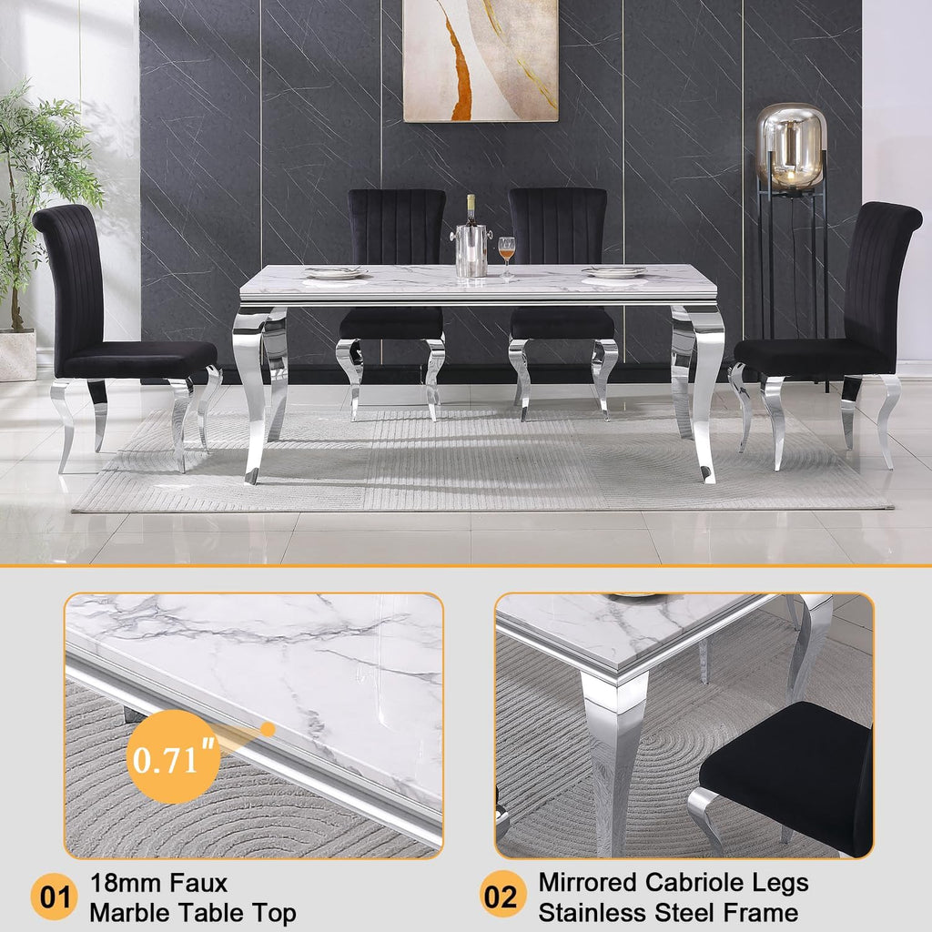 Henf 7 Piece Marble Dining Table Set for 6, 68" Modern Kitchen Dining Room Table and Black Chairs Set for 6, White Silver Dinner Table Set for 6 with Mirrored Stainless Steel Legs for Dining Kitchen