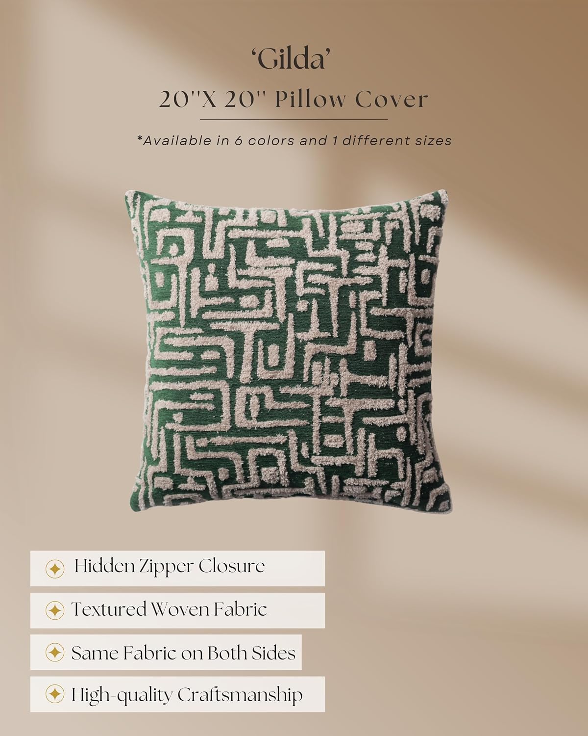 Woven Jacquard Throw Pillow Cover, Pack of 1 Geometric Pattern Textured Decorative Cushion Covers for Sofas, Couches, Fade Resistant Pillow for Sofa & Couch, Gilda, Green, 18x18 Inch