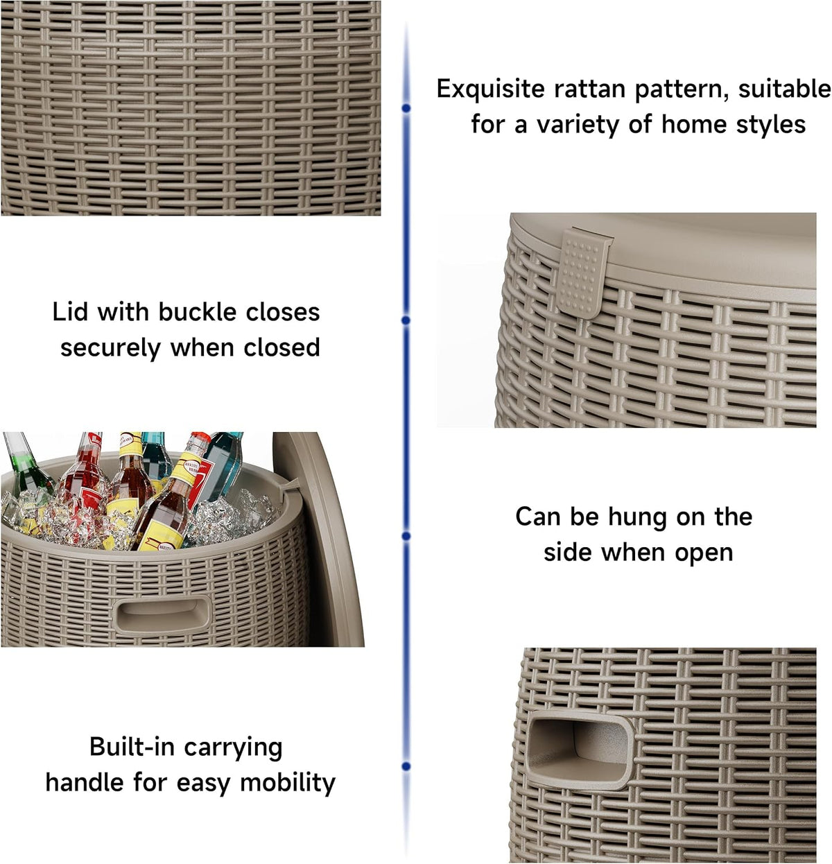 EasyUp 9.5 Gallon Outdoor Cooler Table, Wicker Round Ice Bucket for Parties, Rattan Bar Table with Top Lid Side Handles Drainage Plug, Beer Wine Cooler Side Tables for Patio, Poolside, Deck, Grey