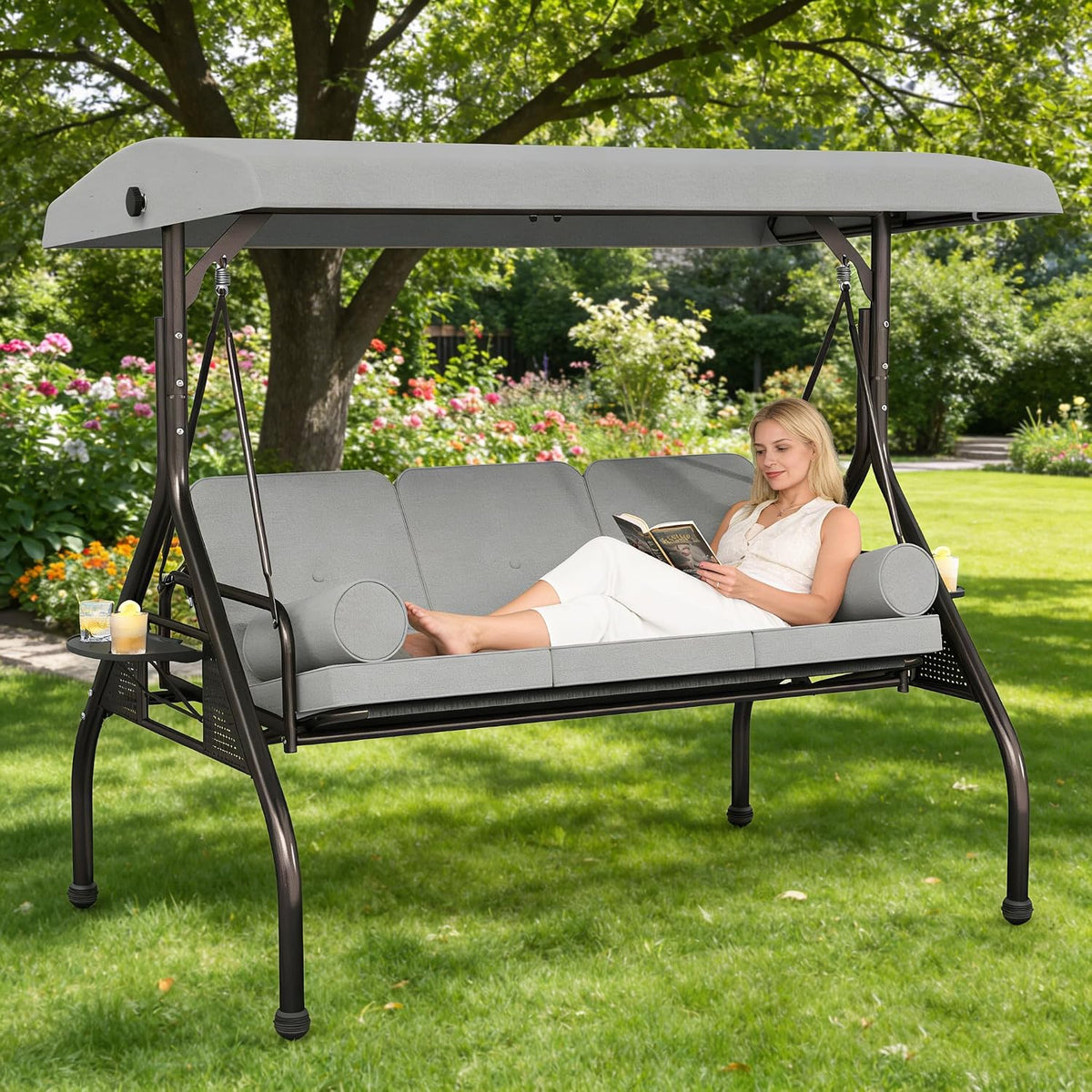 SUNCROWN Outdoor 3 in 1 Porch Swing Chair, 3 Seat Patio Swing Glider with Adjustable Canopy, Heavy Duty Swings with Thickened Cushions, Pillows & Cup Holders for Backyard, Porch, Garden,Grey