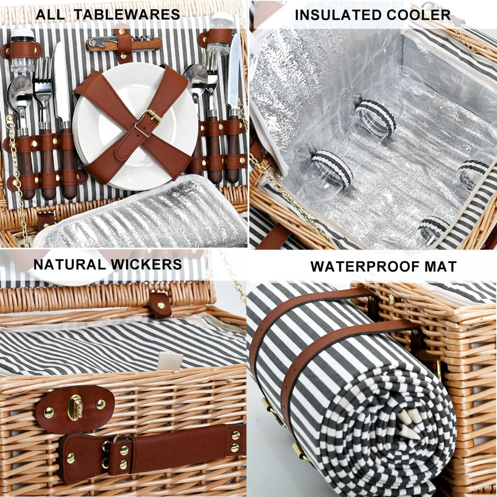 Picnic Basket with Blanket and Wine Pouch for 4, Wicker Picnic Set with Insulated Liner Cooler Bag Hamper for Camping,Wedding - Stripes