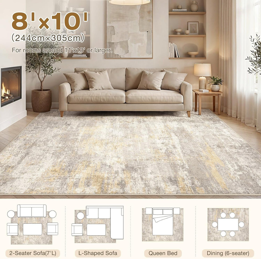 cotiled 8x10 Area Rugs Living Room: Washable Abstract Rug Gold Grey Brown