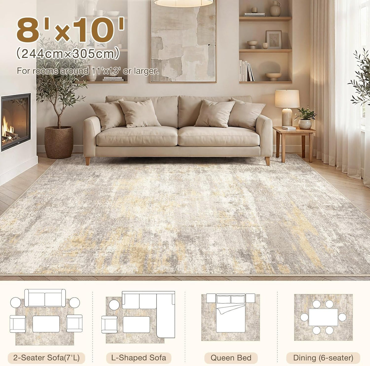 cotiled 8x10 Area Rugs Living Room: Washable Abstract Rug Gold Grey Brown