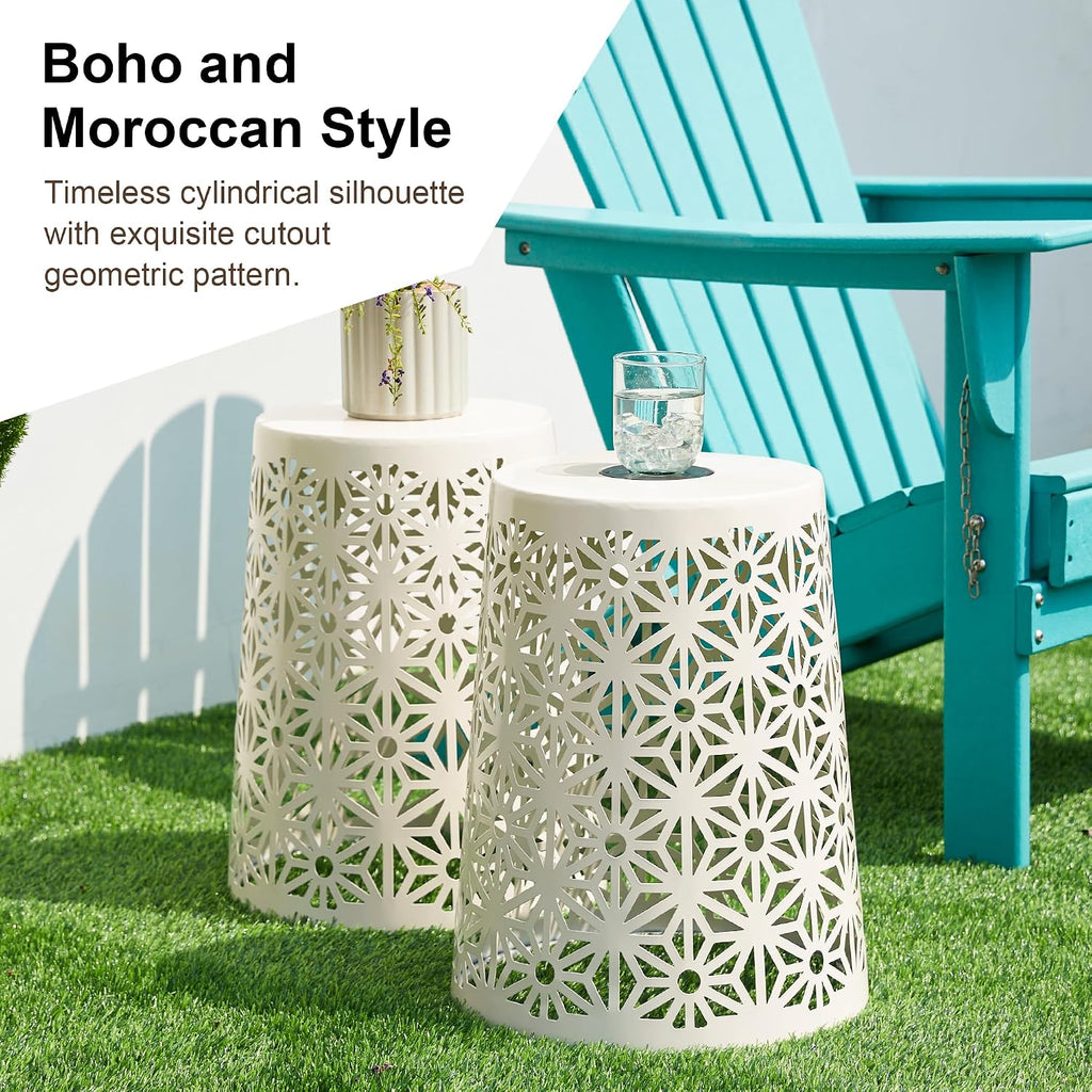 Glitzhome Ourdoor Side Table Set of 2,Solar Iron Cutout Geometric Pattern Decorative Garden Stool Planter Stand,Accent Table or Lantern for Patio Poolside Party Yard,White