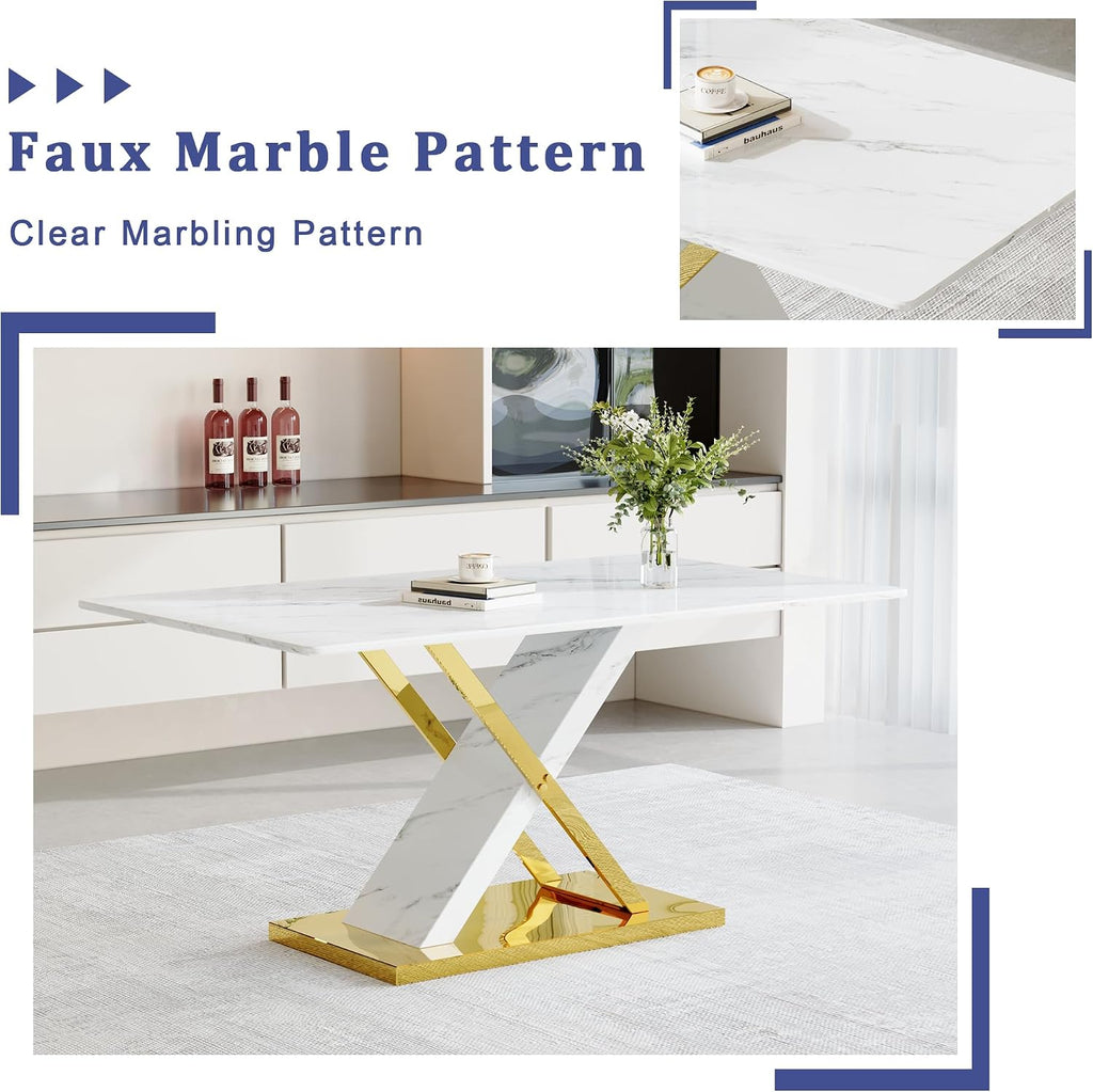 YUNDREAM Modern Marble Dining Table Set for 6,White Gold 63'' Dining Room Table with Chrome Plated X-Shaped Frame and White Leather Dining Chairs,Easy Assemble,Kitchen Table and Chairs for Dining Room