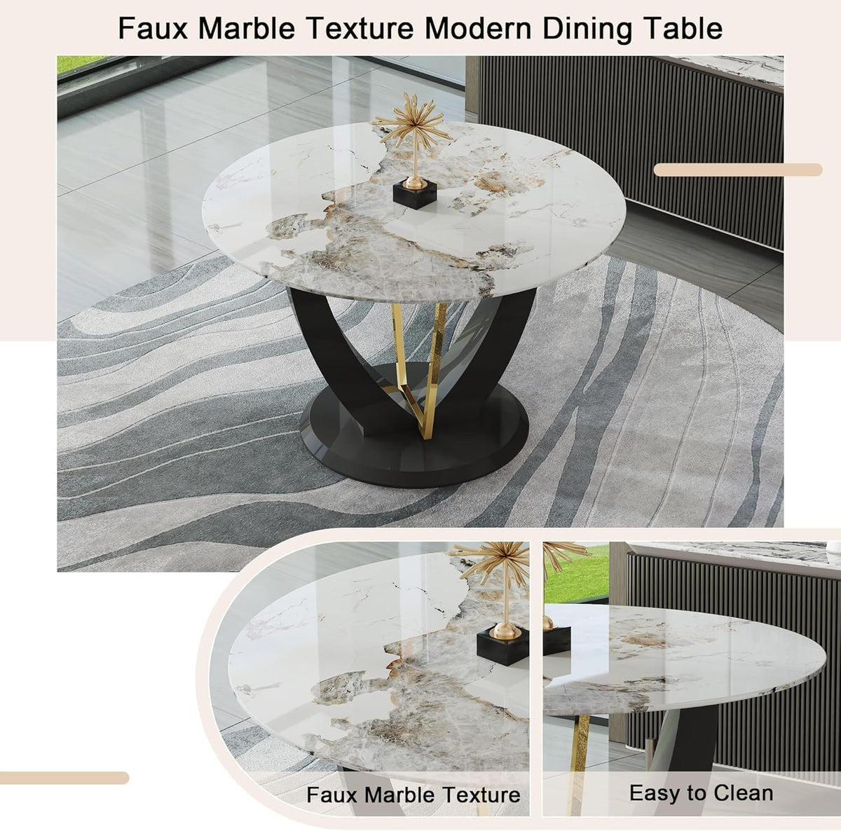 47" Round Glass Black Gold Dining Table Set 4