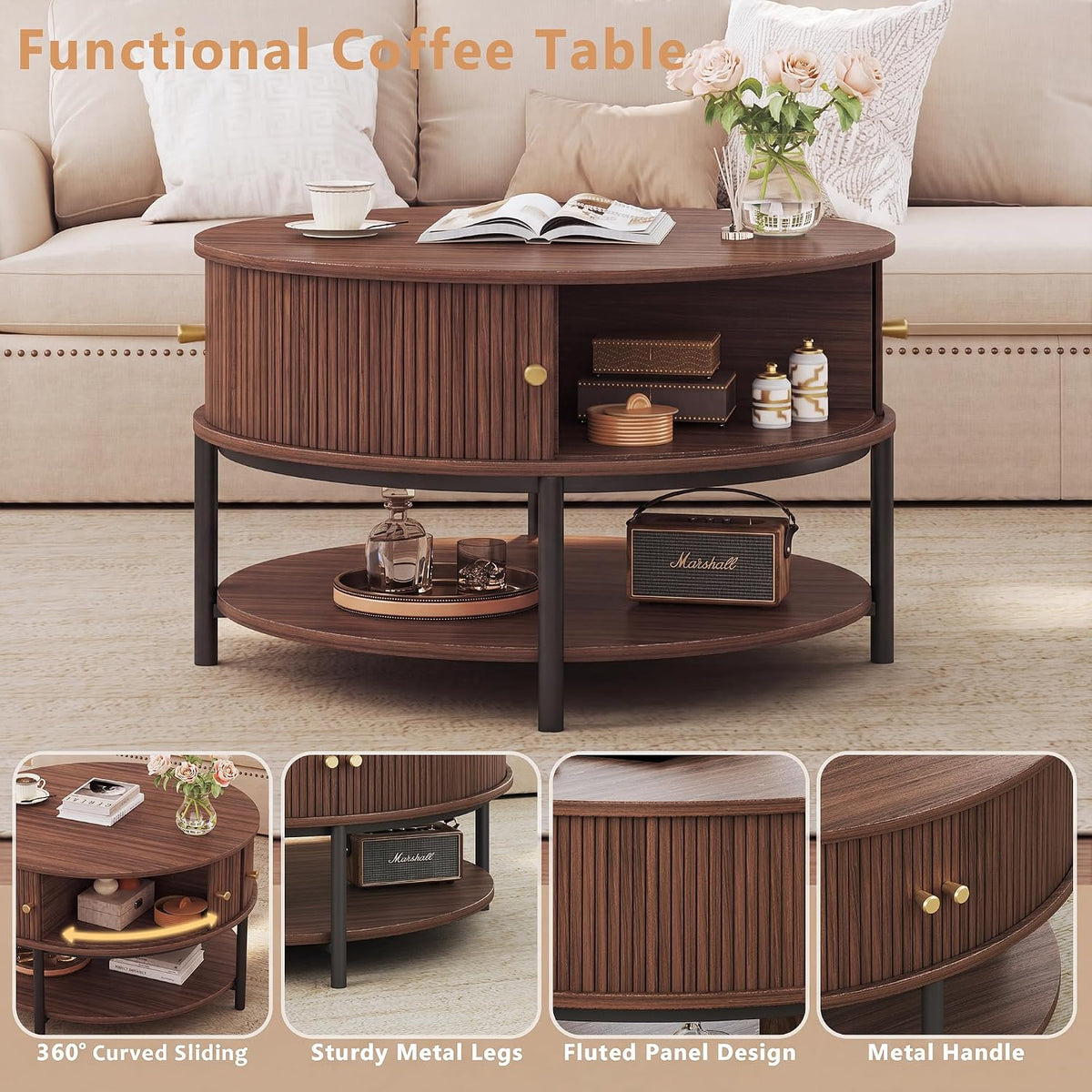 HUAHUU 23.6" Round Coffee Table, 3-Tier Center Table with Storage, Walnut