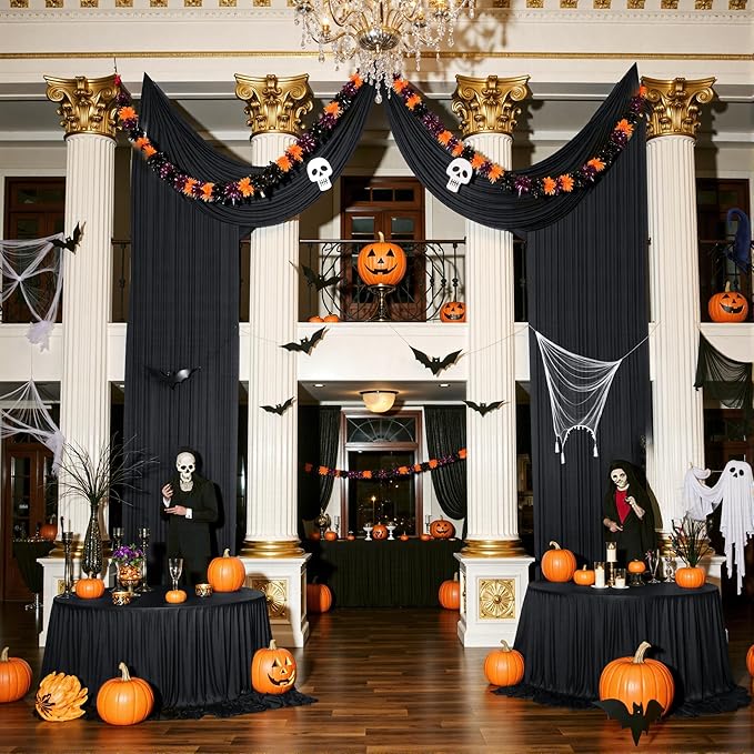 PartyVillage 10ft×15ft Black Backdrop Curtain for Halloween Parties, 2 Panels Wrinkle Free 15 FT Long Polyester Photo Backdrop Drapes Back Drop Cloth for Birthday Photography Background