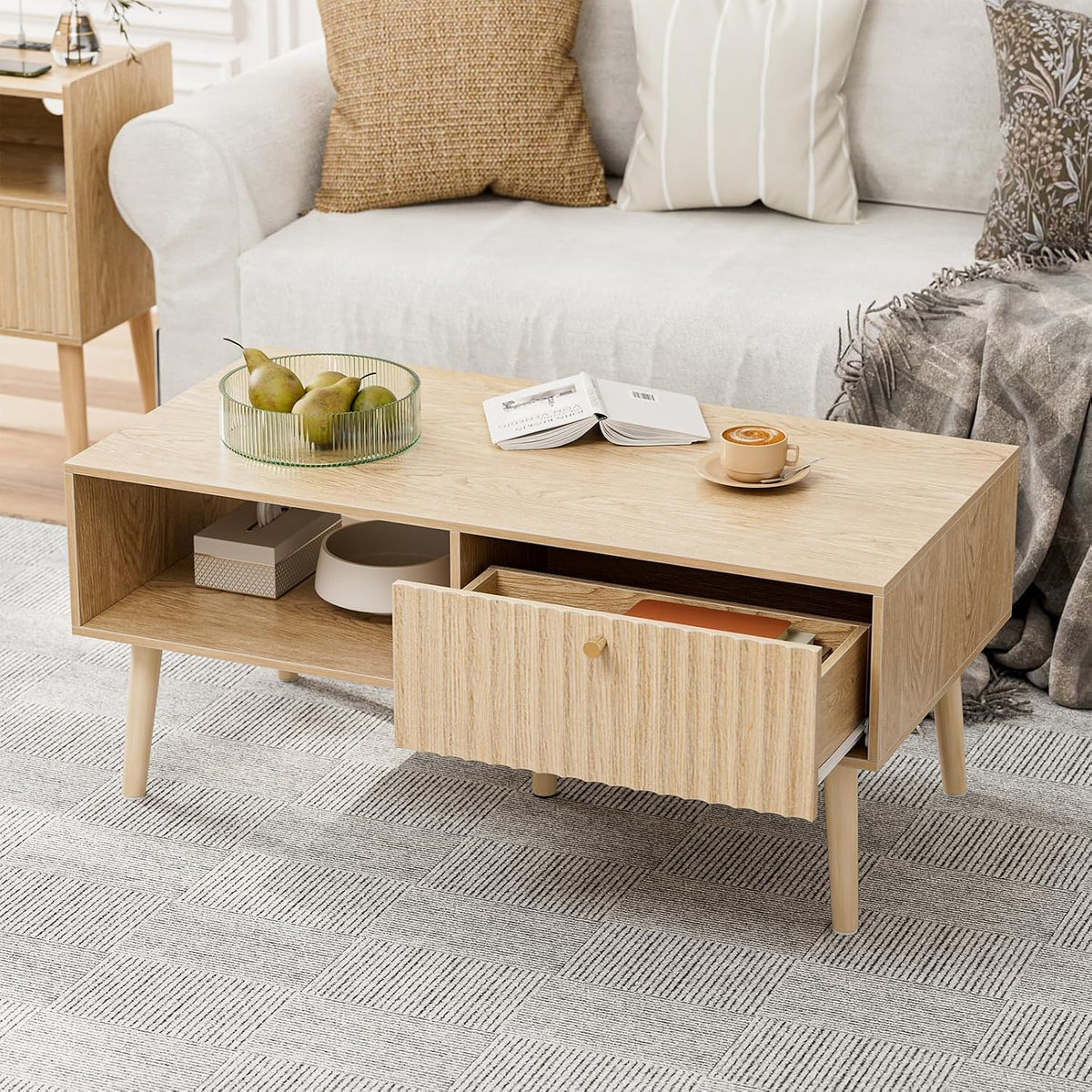 LCRBOL Coffee Table with Fluted Drawer, Modern, Oak