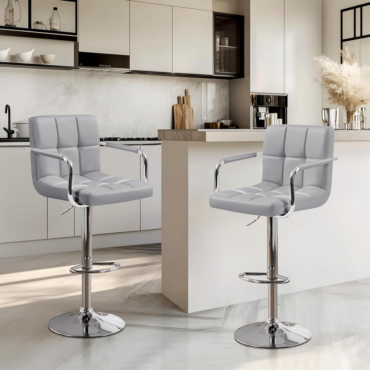 Yaheetech Bar Stools Set of 2, Adjustable Swivel with Backs, Light Gray