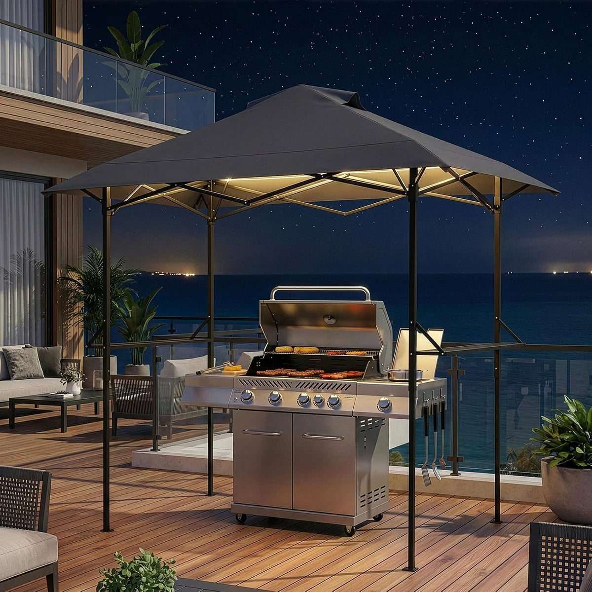 VINGLI 8x5 Pop Up Grill Gazebo BBQ Gazebo with 2 Side Shelves, Outdoor Grill Canopy BBQ Canopy Adjustable Height, Grilling Pergola for Patio Garden (Gray)