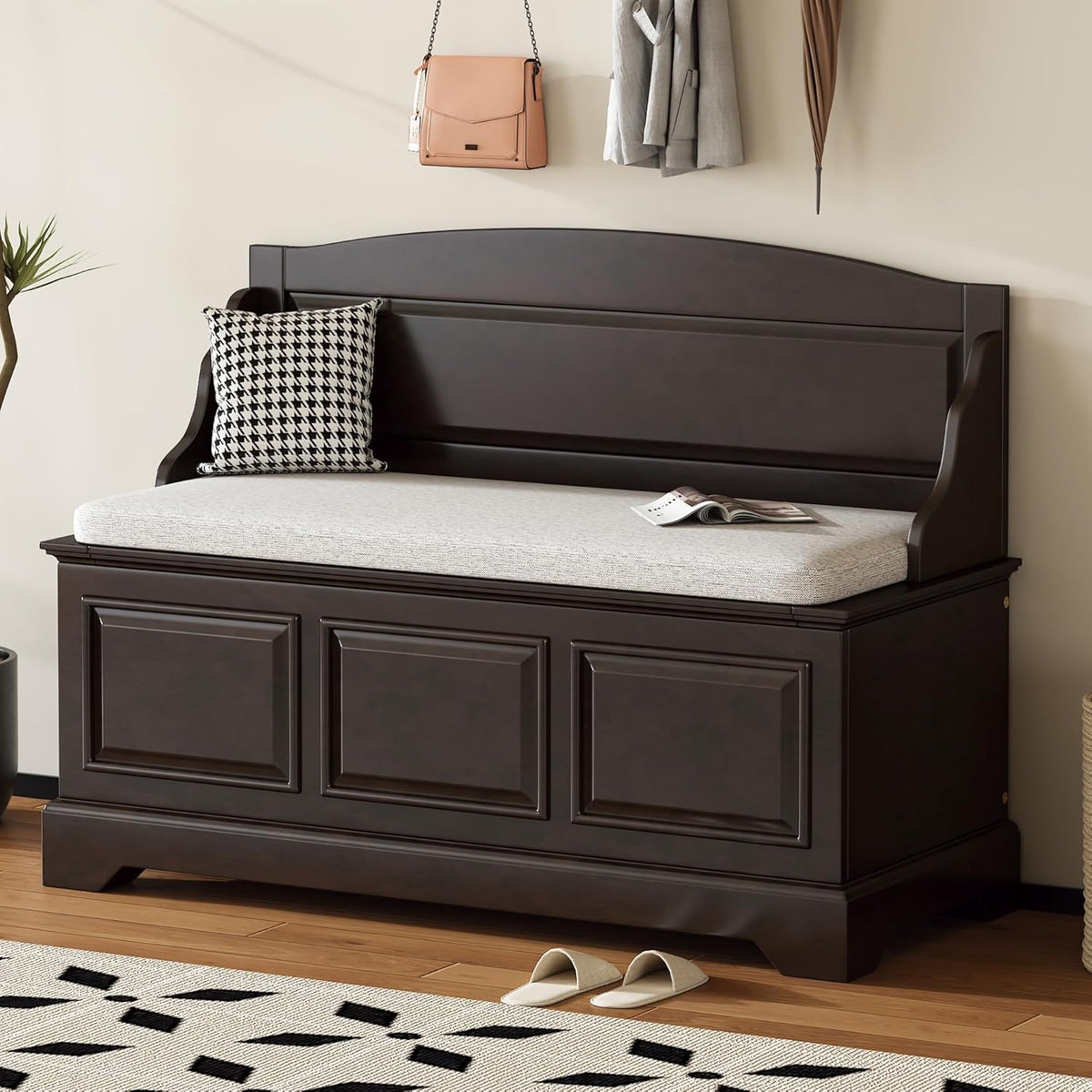 LUMISOL Shoe Storage Bench with Seating, 41.7” Farmhouse Entryway Bench with Cushion and Hidden Storage, Upholstered Storage Ottoman for Living Room, Entryway, Bedroom, Espresso