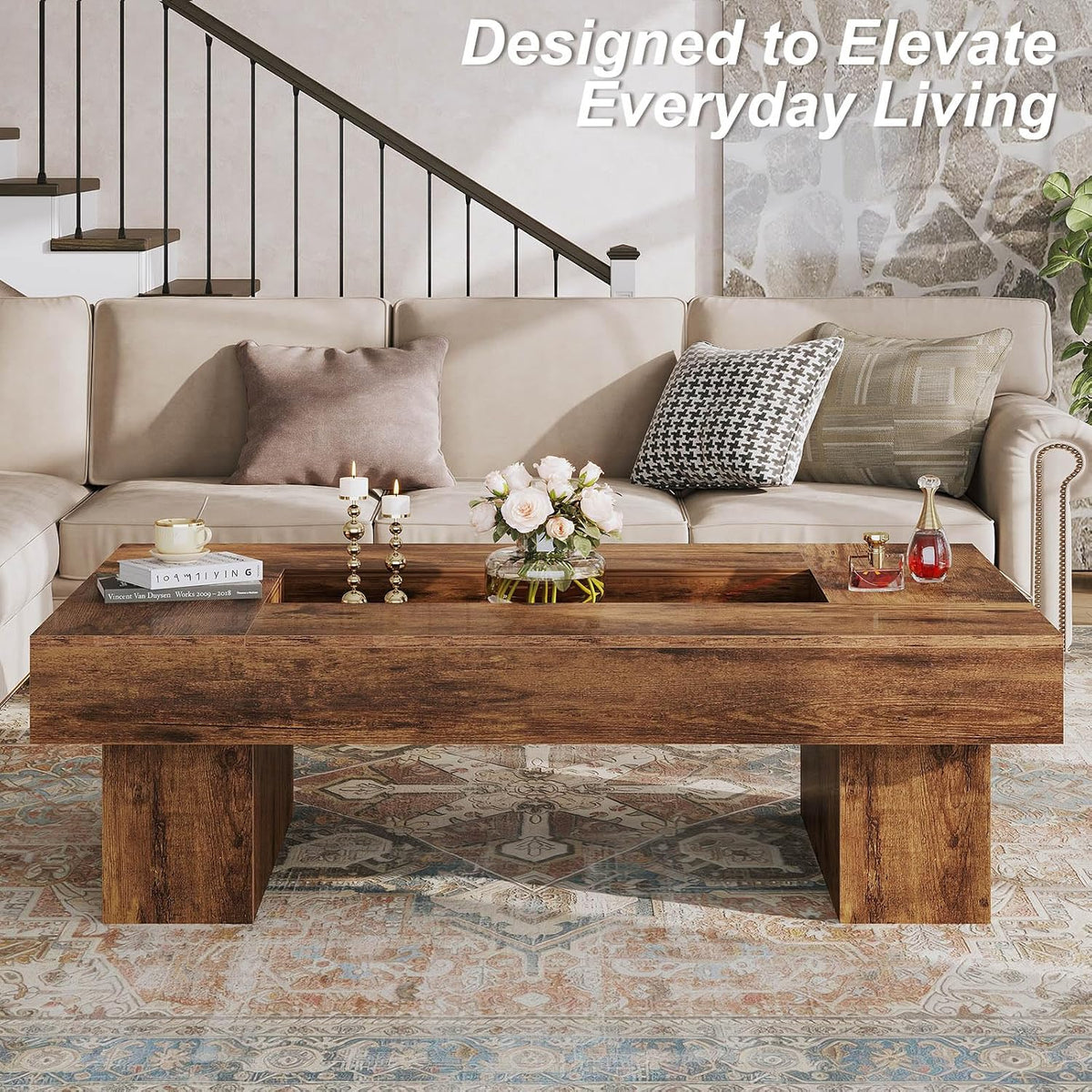 LVB 47"X31" Large Rectangle Wood Coffee Table for Living Room Rustic Brown