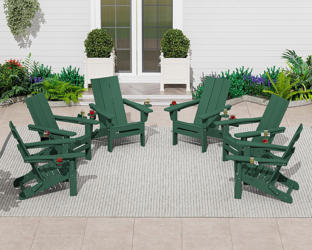 SERWALL Modern Folding Adirondack Chairs Set of 2, HDPE, Cup Holders, Green