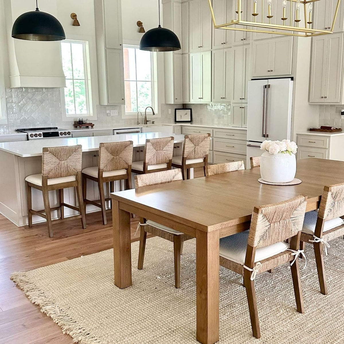 Beacon Boho Dining Chair Set of 4, Boucle Dining Chair with Seagrass Accent and Solid Wood Legs, Cream Boucle/Light Brown