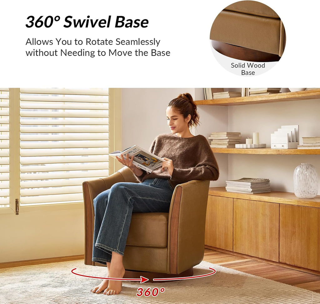HULALA HOME Leather Swivel Accent Chairs with Wood Base Set of 2, Camel