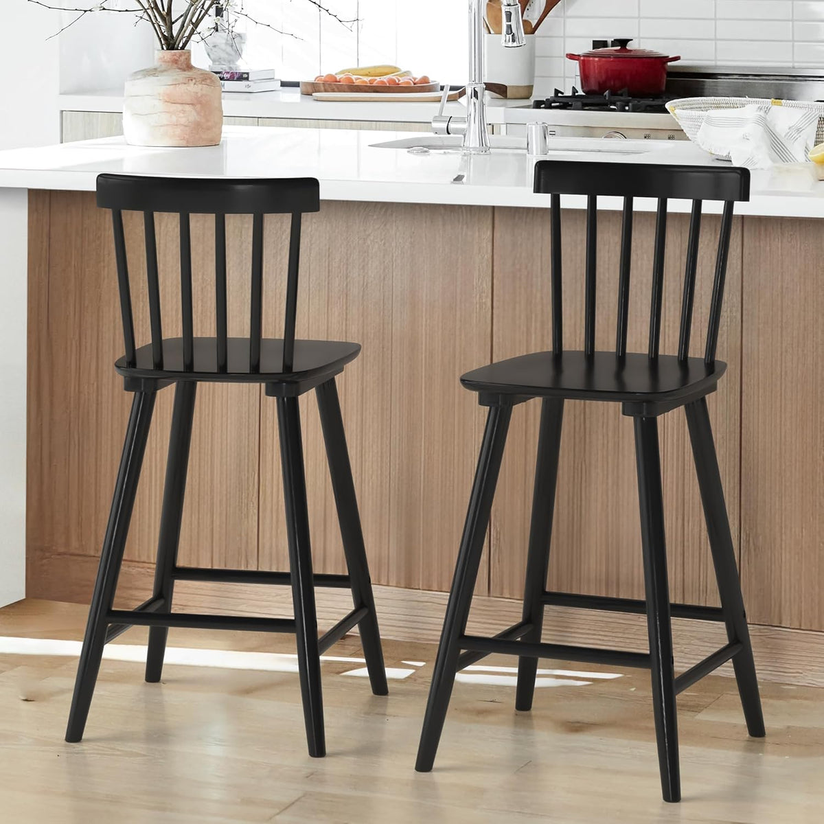 LUE BONA Windsor Wooden Bar Stools Set of 2 for Kitchen Island, Farmhouse 24 Inch Counter Height Stools Chairs with Spindle Back, Black