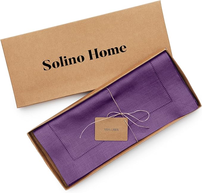 Solino Home Linen Purple Table Runner 60 Inches - Classic Hemstitch, 100% Pure Linen Coffee Table Runner 14 x 60 Inch Ideal for Dresser Tables - Fall, Autumn, Halloween, Thanksgiving, Holiday