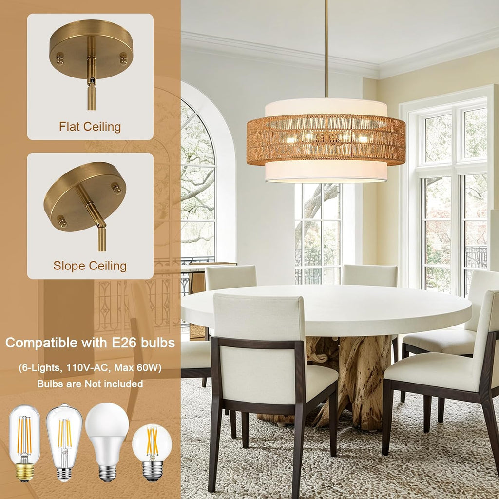 25.6" rattan chandelier for dining room, 6-light boho, close-up detail