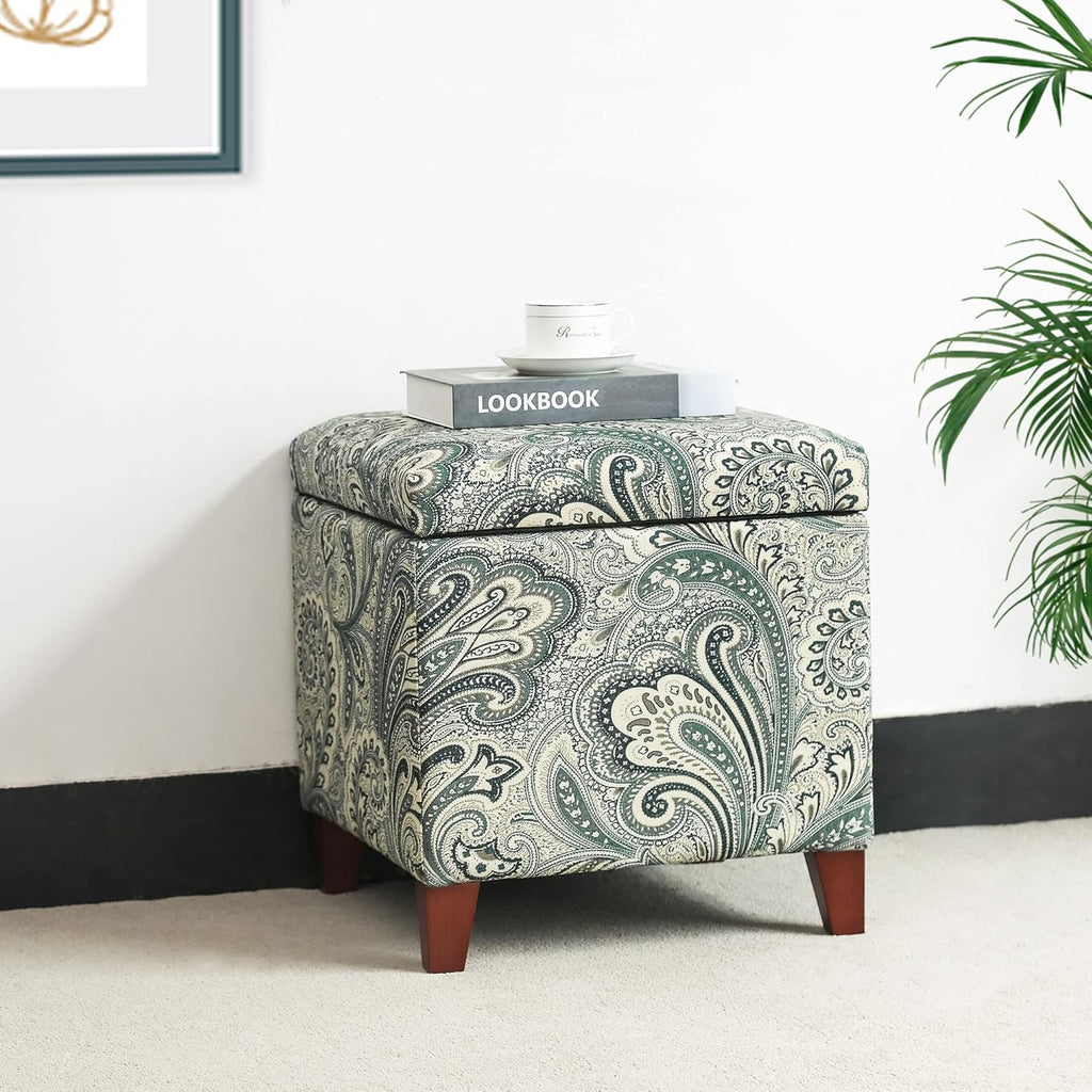 Adeco 18" Cube Storage Ottoman in Blue Paisley, Upholstered Linen Foot Stool & Accent Chair for Entryway, Vanity or Small Spaces