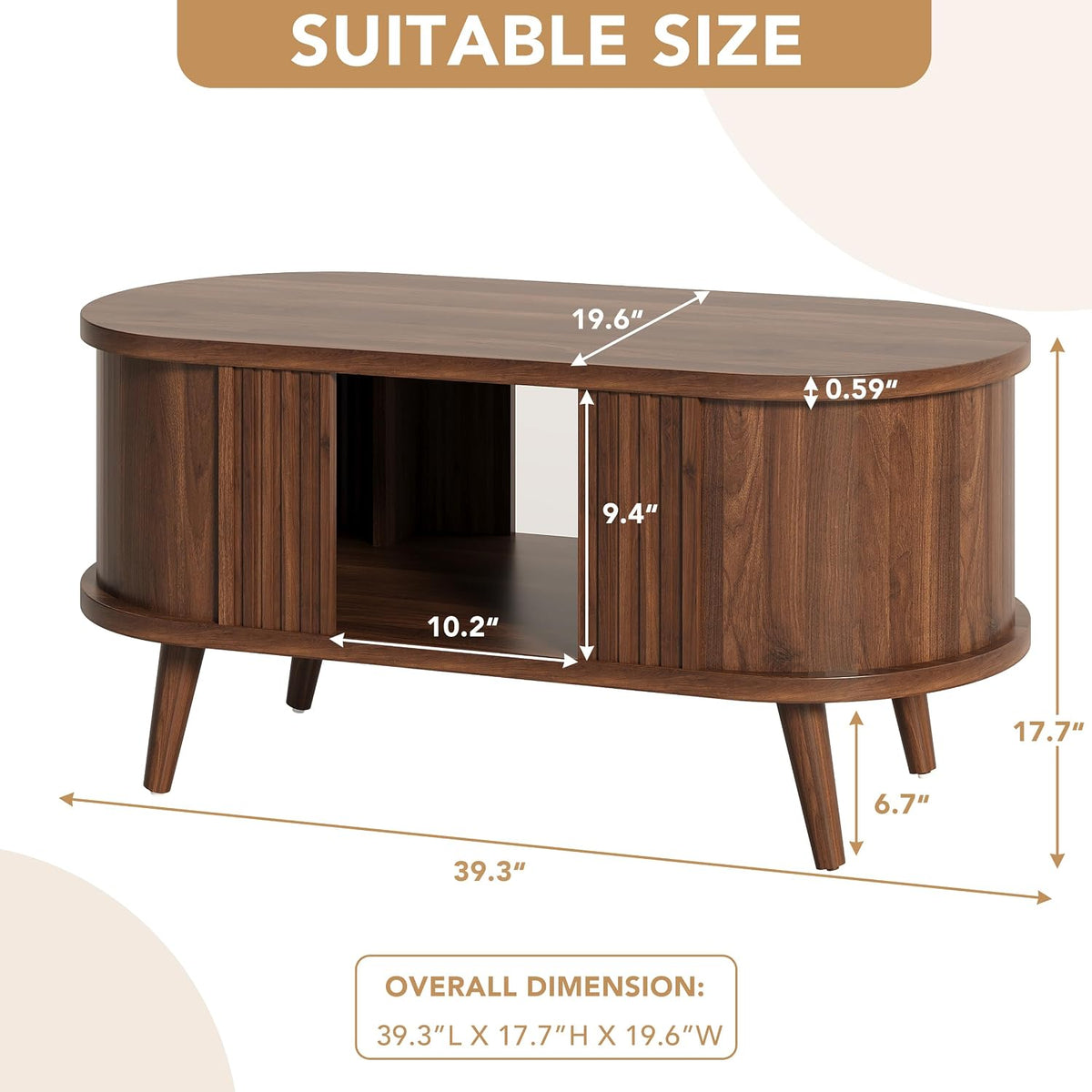 39.3" Oval Fluted Coffee Table with Storage, Fluted Mid-Century, Walnut