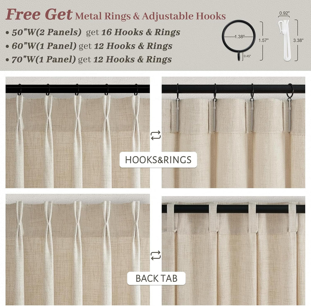 Pinch Pleated Semi Sheer Natural Linen Curtains 96 Inches Long for Living Room, Memory Trained Light Filtering 8FT Length Viral Windows Drapes Privacy Bedroom Modern Curtain 2 Panels Set Hooks Rings
