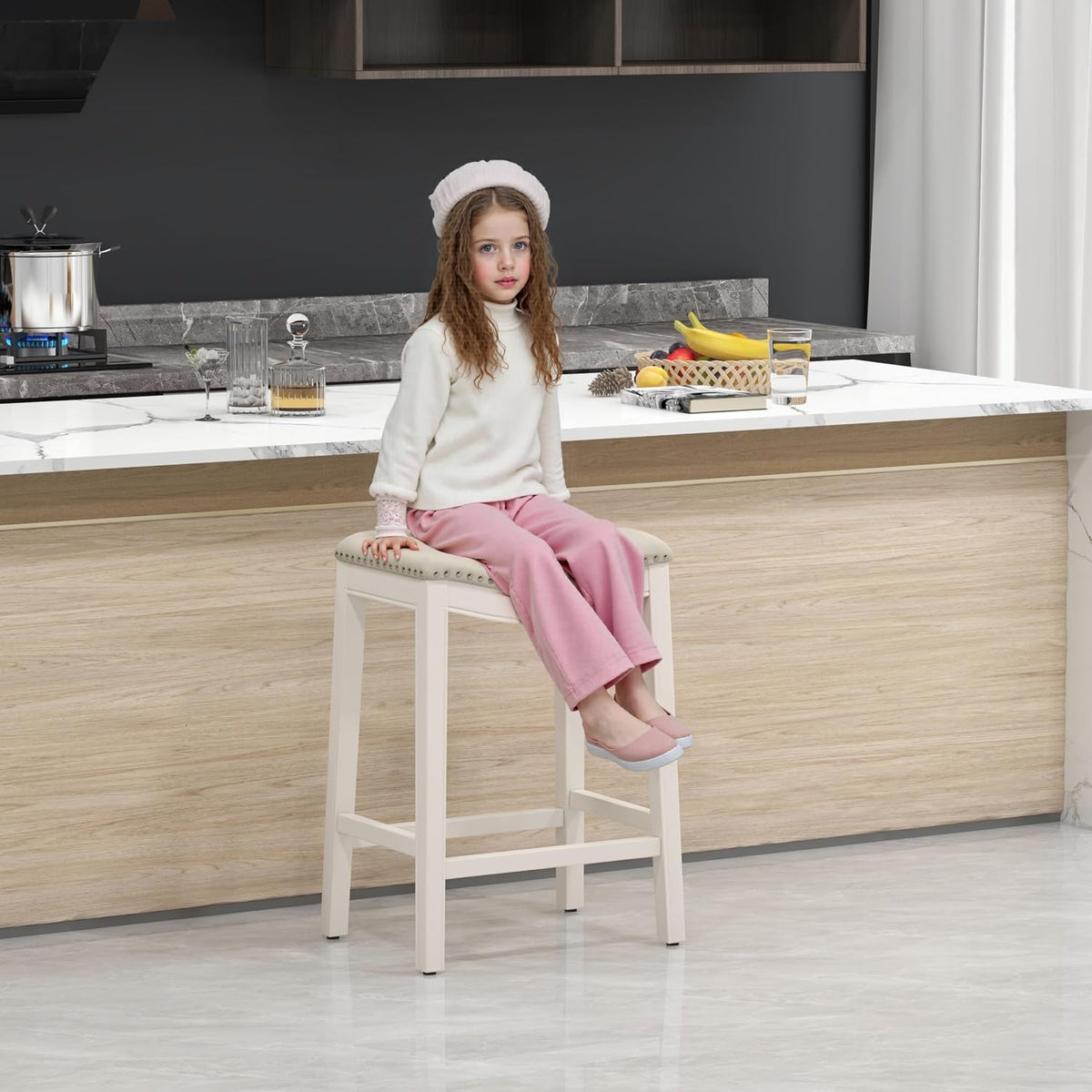 27" Backless Saddle Counter Stools Set of 4, Hand-brushed Wood Finish Legs