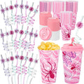 Yungyan 36 Sets Pink Spider Party Favors Goodie Cups with Lids and Straws for Halloween Party Decorations Reusable 16oz Plastic Candy Cups Plastic Straws for Birthday Gift (Pink Spider)