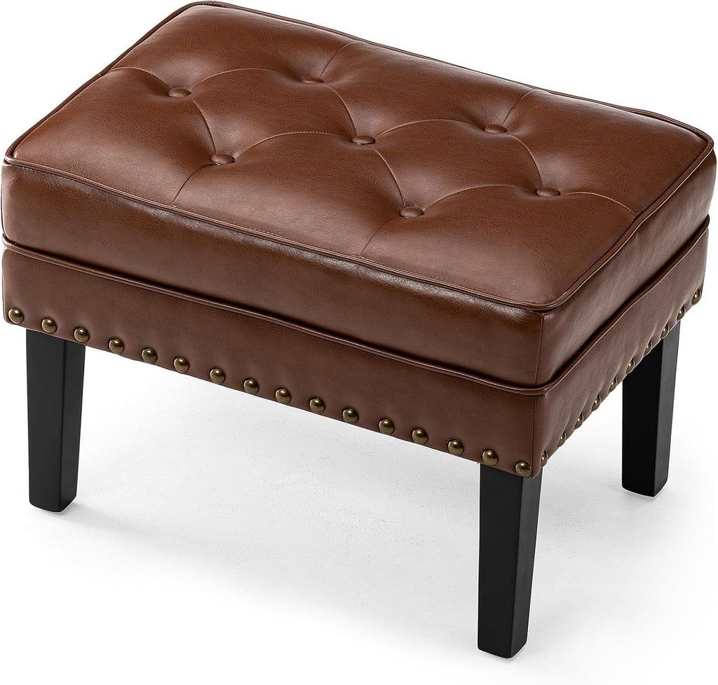Glitzhome Mid-Century Faux Leather Ottoman, Modern Accent Stool PU Leather Foot Stool, Vanity Stool Ottoman Foot Rest Make Up Stool for Living Room, Coffee