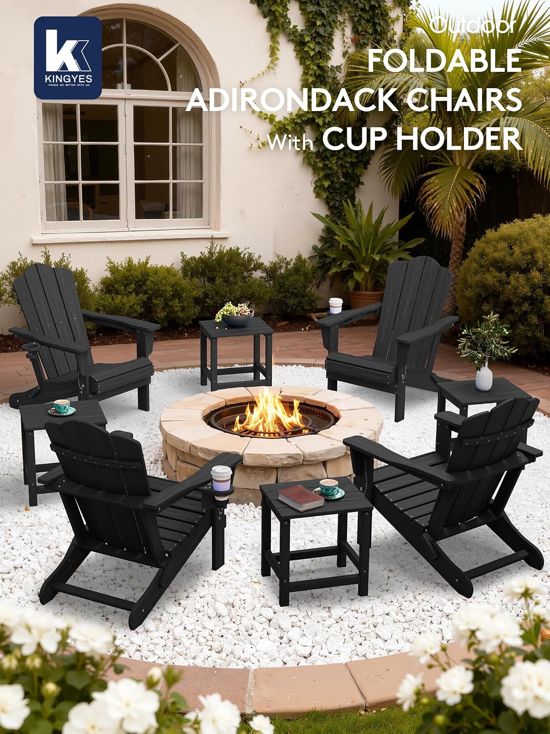 KINGYES Folding Adirondack Chair, All-Weather HDPE Material, Black, 8 Pack (4 Pack)