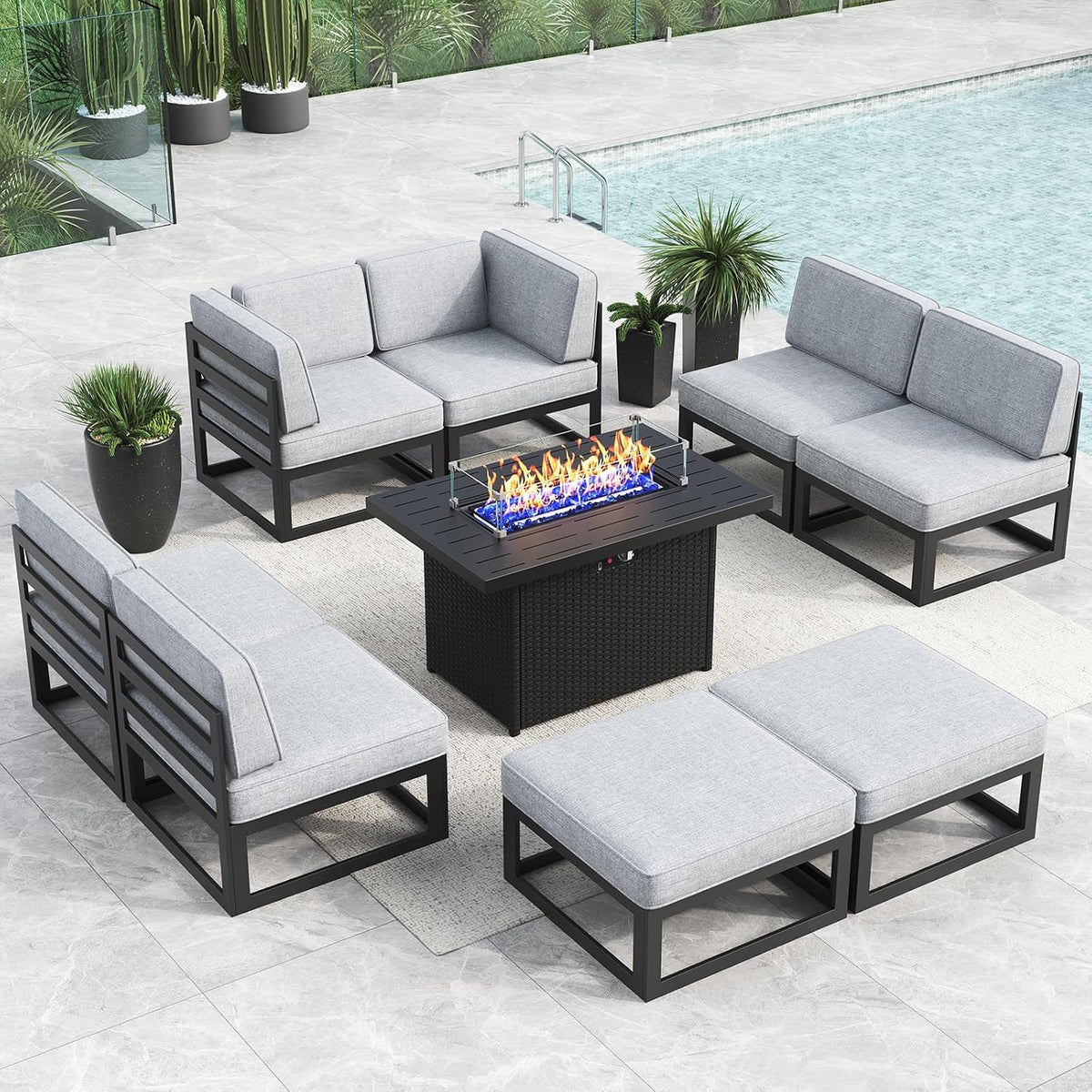 LayinSun Large Aluminum Patio Furniture Set with Fire Pit Table