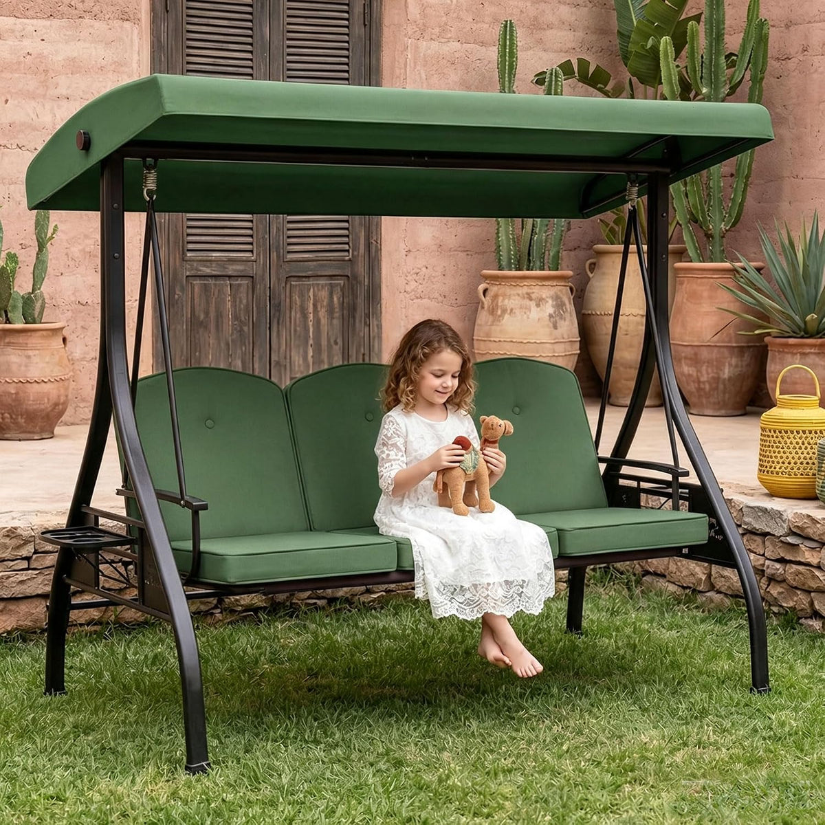 patio swing with canopy convertible outdoor porch swing shown in use